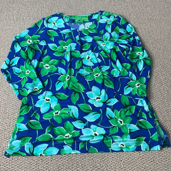 Cappagallo Womens Blouse Top Size Small Blue/Green Floral Print Keyhole Neck - Picture 1 of 12